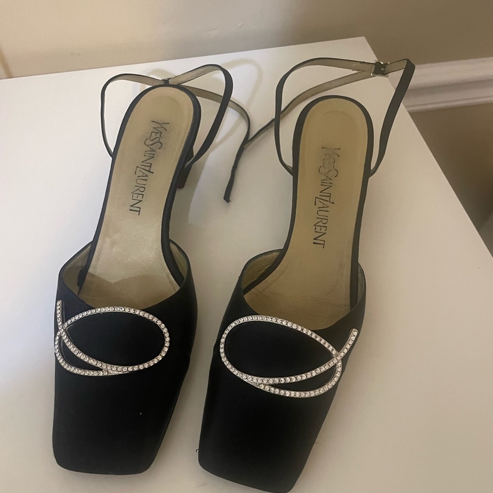 Yves Saint Laurent Black Rhinestone Heels, Size 7.5